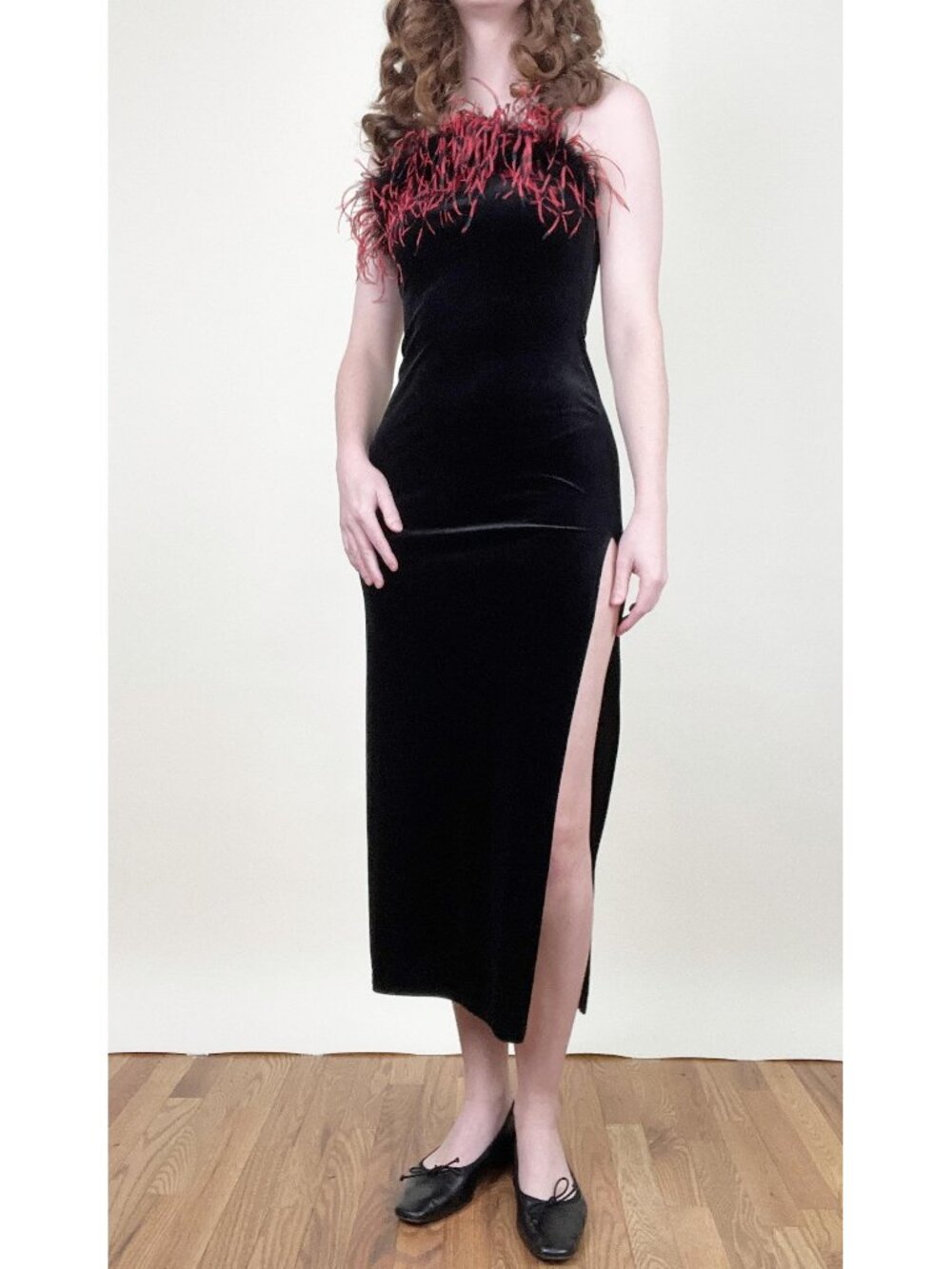 Vintage Velvet Feather Trim Midi Maxi Dress Slit Sexy Formal Evening 90s Y2K 00s